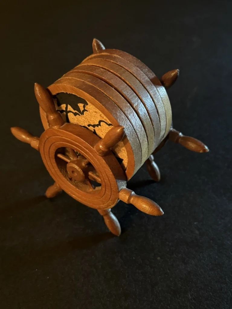 Vintage Nassau Bahamas Cork Wood Coasters Set of 6 Ship Wheel Holder Nautical