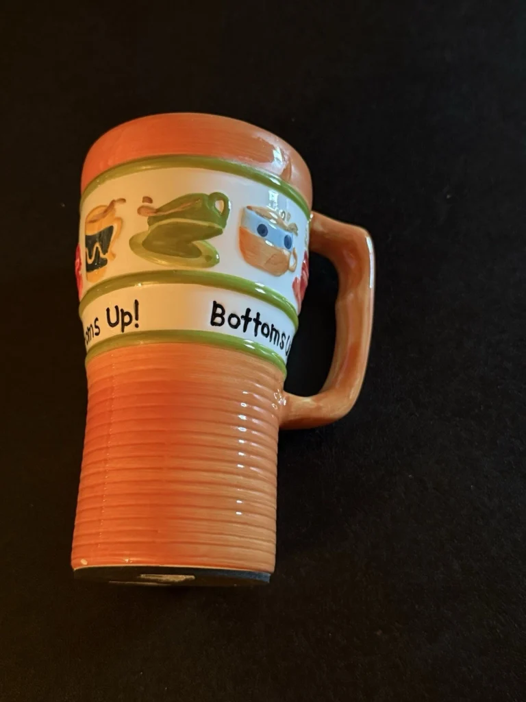 Bottoms Up! Ceramic Travel Mug with Lid Orange Green Coffee Cup Design Handle