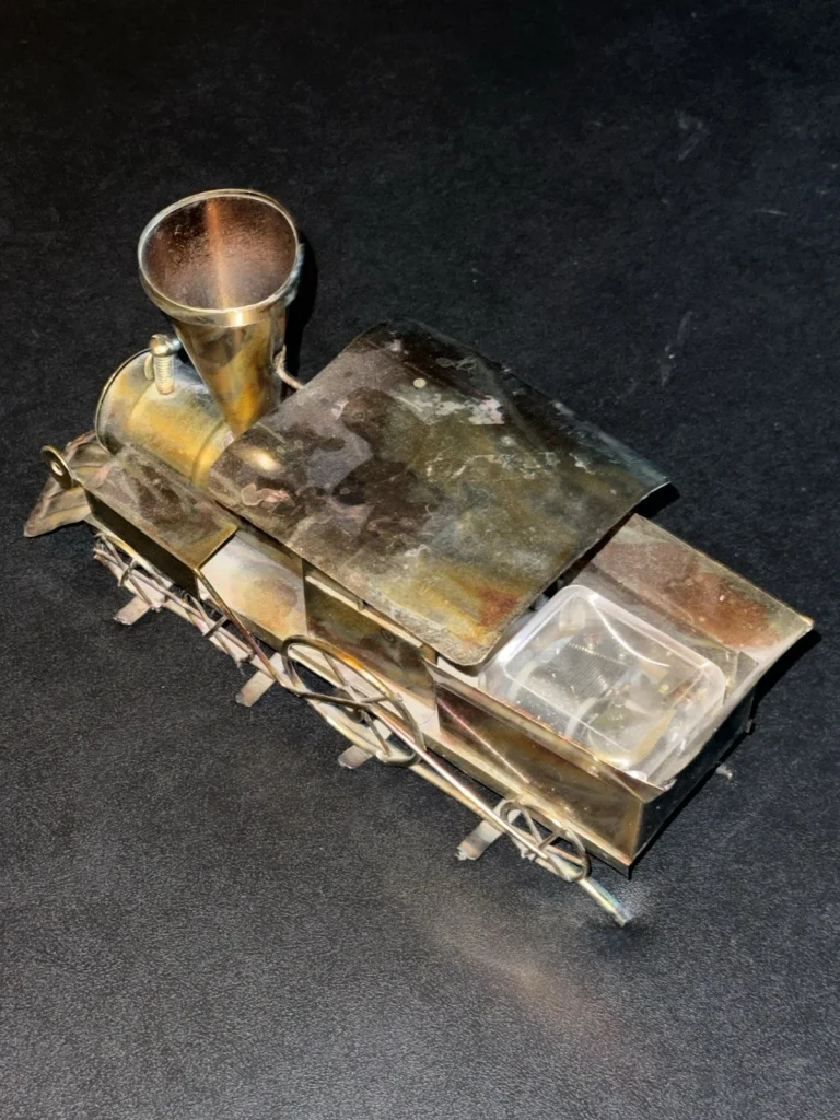 Vintage MCM Brass Steam Locomotive Train Music Box Wind Up Metal Sculpture Decor