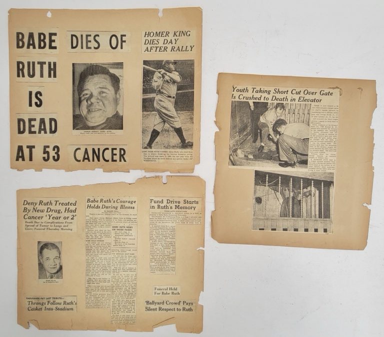 Babe Ruth 1948 & Lou Gehrig 1941 Death Newspaper Clippings Scrapbook Pages Lot