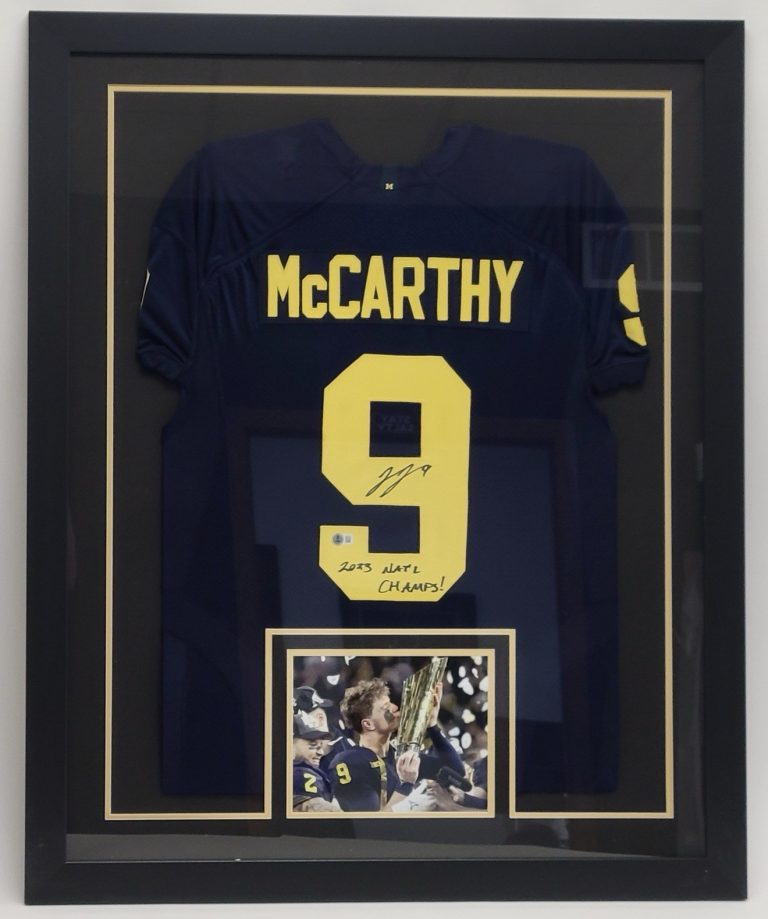 J.J. McCarthy Signed Inscribed Framed Michigan Jersey 2023 Nat'l Champs Beckett