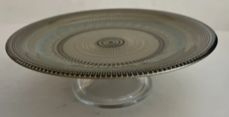 Art Of Table Glass Pedestal Dessert Plate Aqua  Black Gold Graphic 8.5