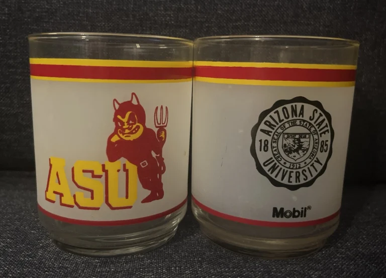 Set 2: Vtg ASU Arizona State University Sun Devils MOBIL Oil Drink Frosted Glass