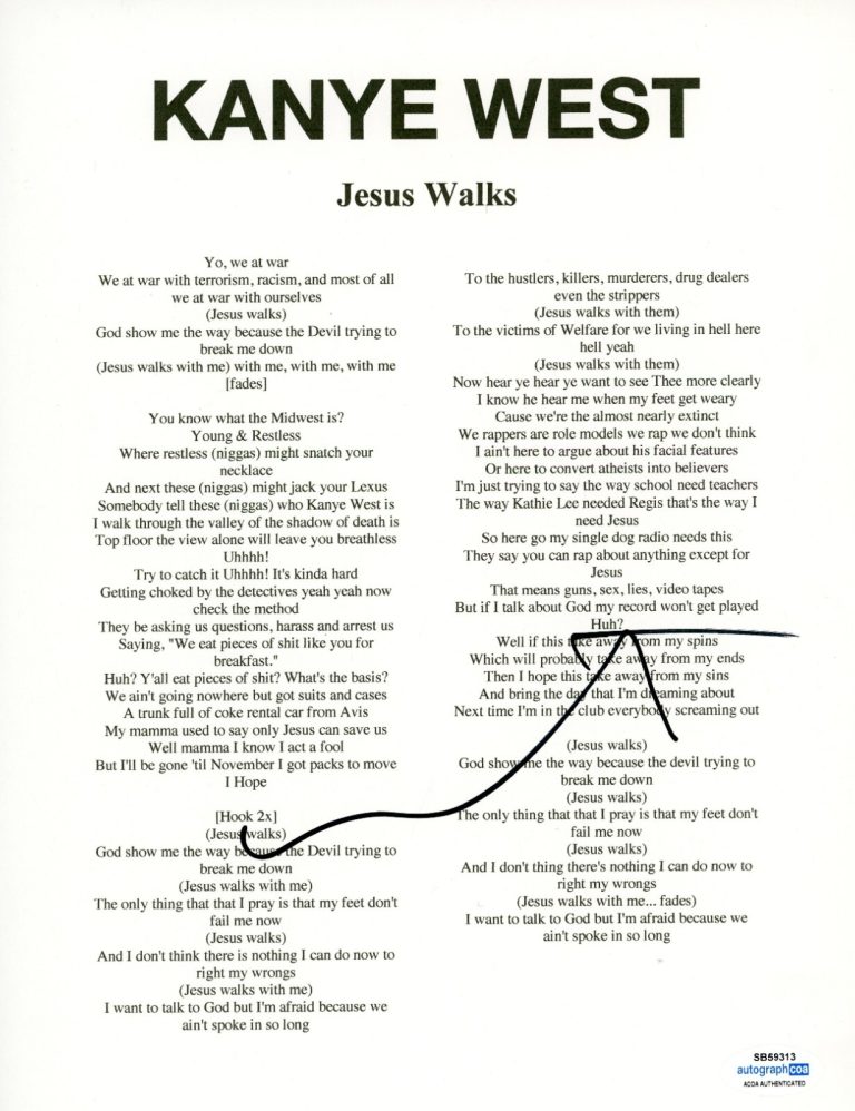 Kanye West Signed Autograph Jesus Walks 8.5x11 Lyric Sheet College Dropout ACOA