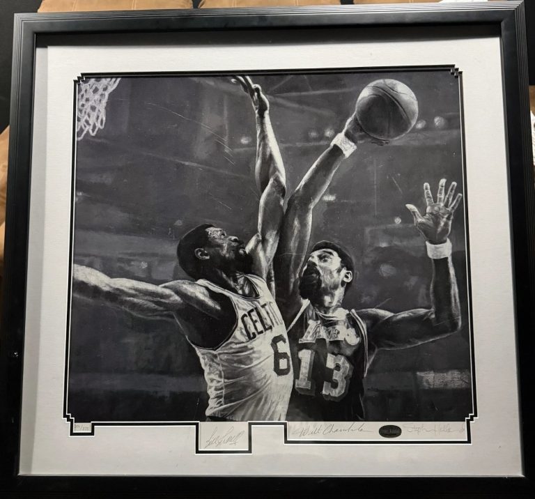 Wilt Chamberlain Bill Russell Signed Auto 30x33 Stephen Holland Litho Grad LOA