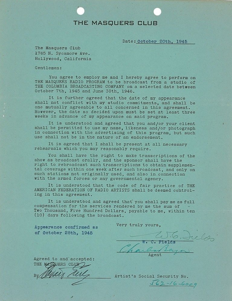 WC Fields Signed Auto 1945 Columbia Temperance Lecture Contract Grad LOA