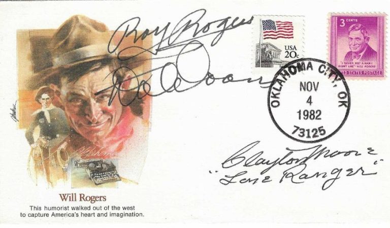 Roy Rogers Dale Evans Clayton Moore SIGNED 1982 Will Rogers FDC Envelope JSA COA