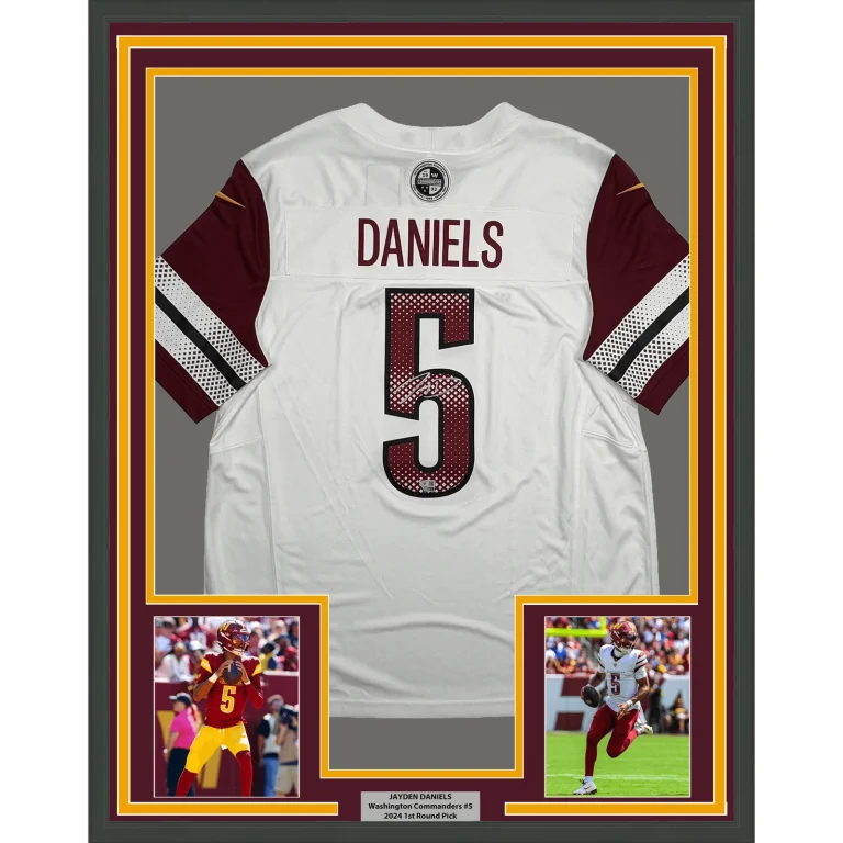 Framed Signed Jayden Daniels 35x39 Commanders White Jersey Fanatics COA