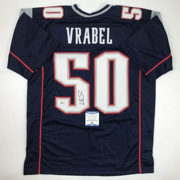 Autographed/Signed Mike Vrabel New England Blue Jersey Beckett BAS COA
