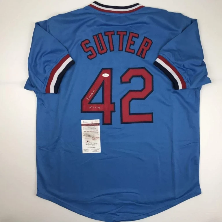 Autographed/Signed Bruce Sutter HOF 06 St. Louis Blue Jersey JSA COA