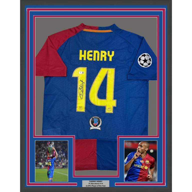 Framed Autographed/Signed Thierry Henry 35x39 FC Barcelona Blue Jersey COA