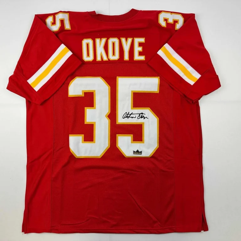 Facsimile Autographed Christian Okoye Kansas City Red Jersey Men's XL