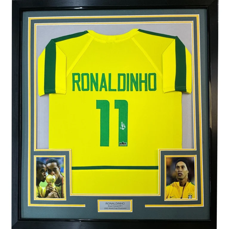 Framed Facsimile Autographed Ronaldinho 35x39 Yellow Jersey