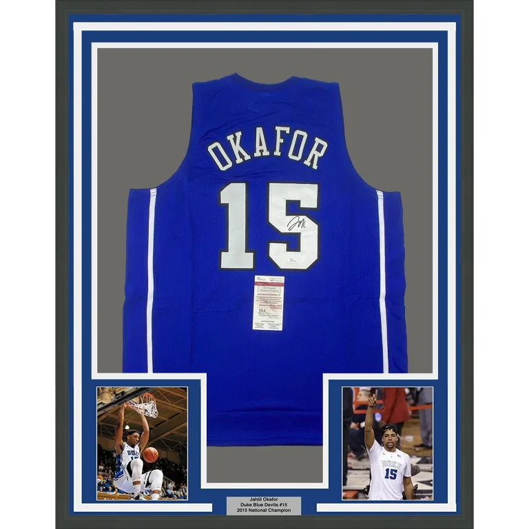 FRAMED Autographed/Signed JAHLIL OKAFOR 35x39 Duke Blue Jersey JSA COA