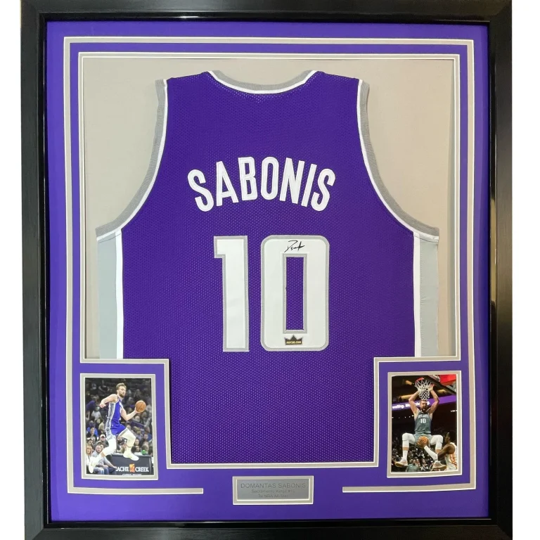 Framed Facsimile Autographed Domantas Sabonis 35x39 Purple Reprint Jersey