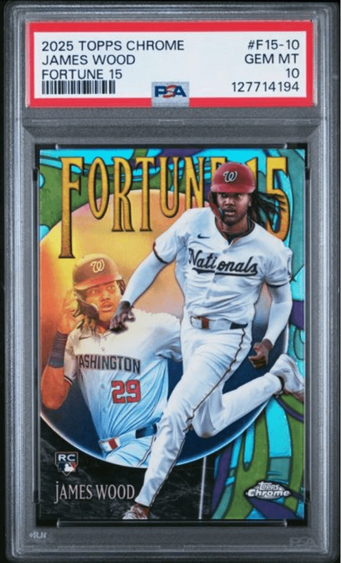 Graded 2025 Topps Chrome James Wood #F15-10 Fortune 15 Rookie Card PSA 10