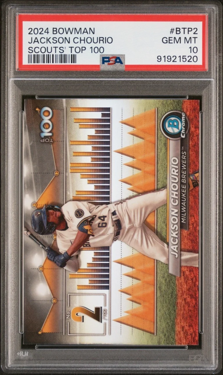 Graded 2024 Bowman Jackson Chourio #BTP2 Scouts Top 100 RC Card PSA 10