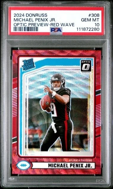 Graded 2024 Donruss Michael Penix Jr 308 Optic Preview Red Wave PSA 10