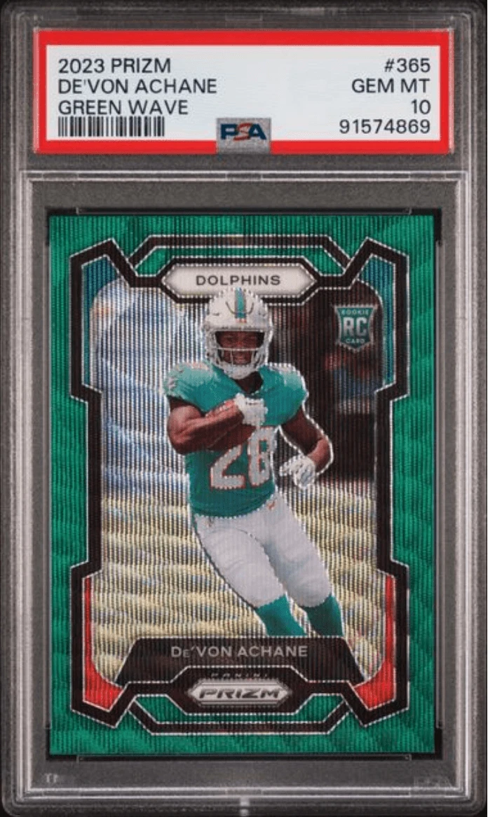 Graded 2023 Panini Prizm Devon Achane #365 Green Wave Rookie RC Card PSA 10