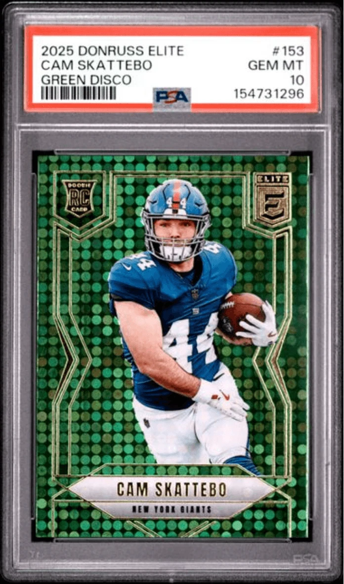 Graded 2025 Donruss Elite Cam Skattebo #153 Green Disco Rookie Card PSA 10