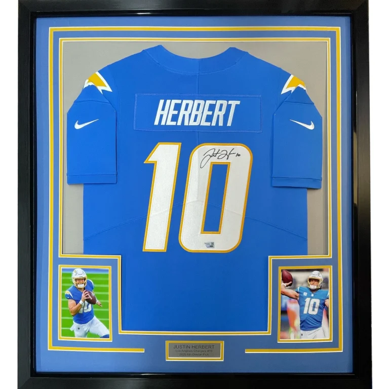 Framed Signed Justin Herbert 35x39 Chargers Powder Blue Jersey Fanatics COA