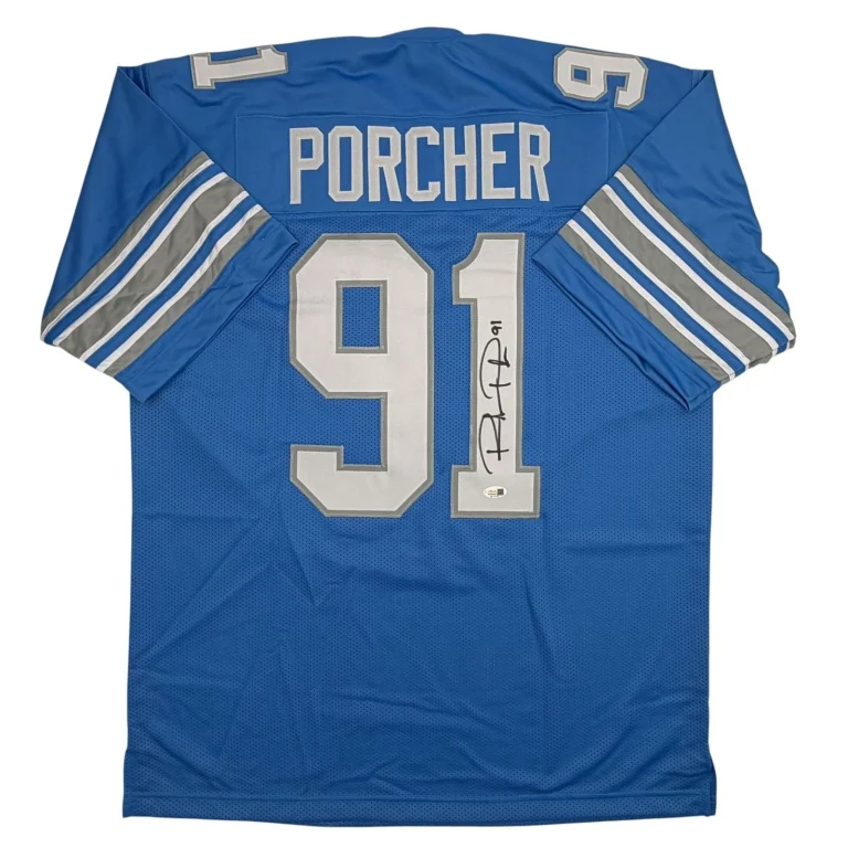 Autographed/Signed Robert Porcher Detroit Blue Football Jersey JSA COA