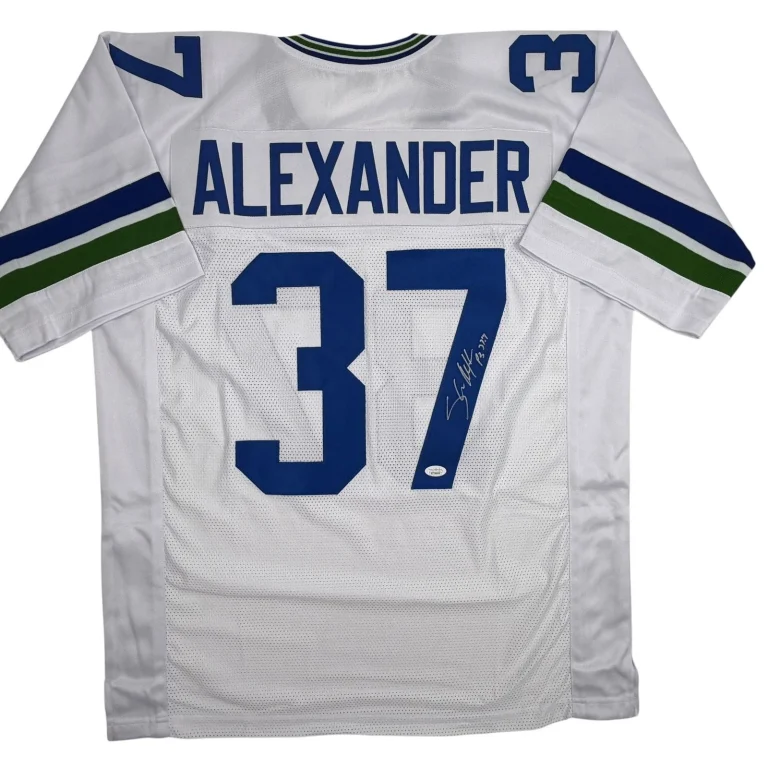 Autographed/Signed Shaun Alexander Seattle White Jersey Beckett BAS COA