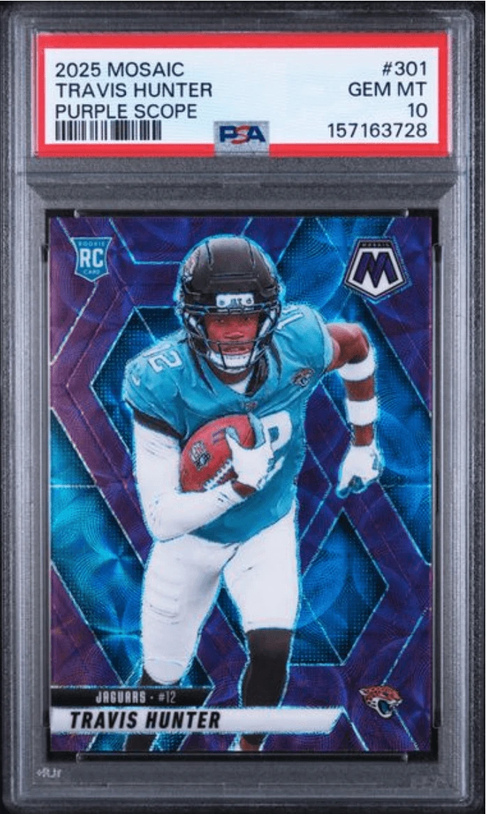 Graded 2025 Mosaic Travis Hunter #301 Purple Scope RC Football Card PSA 10