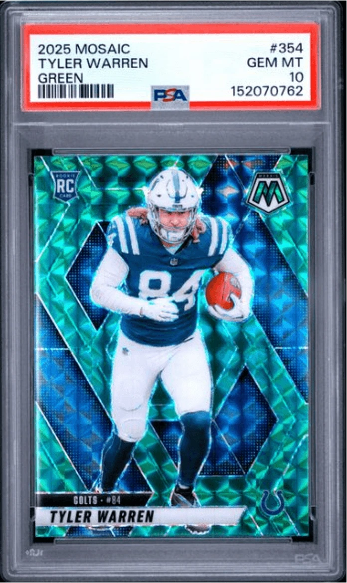 Graded 2025 Panini Mosaic Tyler Warren #354 Green RC Football Card PSA 10