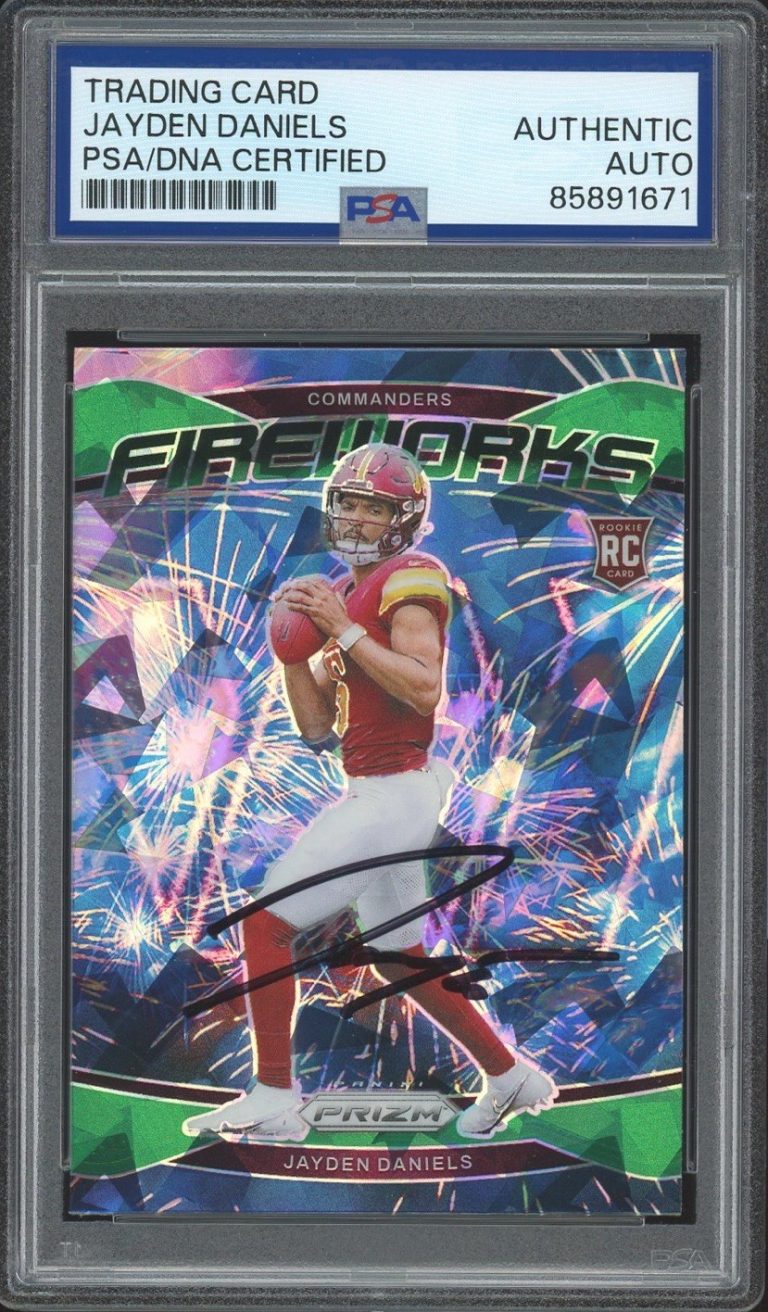 2024 Panini Prizm #24 Jayden Daniels Signed Green Ice Fireworks Rookie PSA AUTO