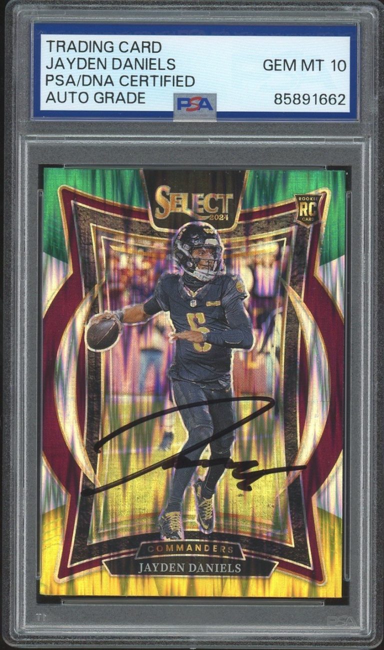 2024 Panini Select #26 Jayden Daniels Green & Yellow Shock Rookie PSA AUTO 10 RC