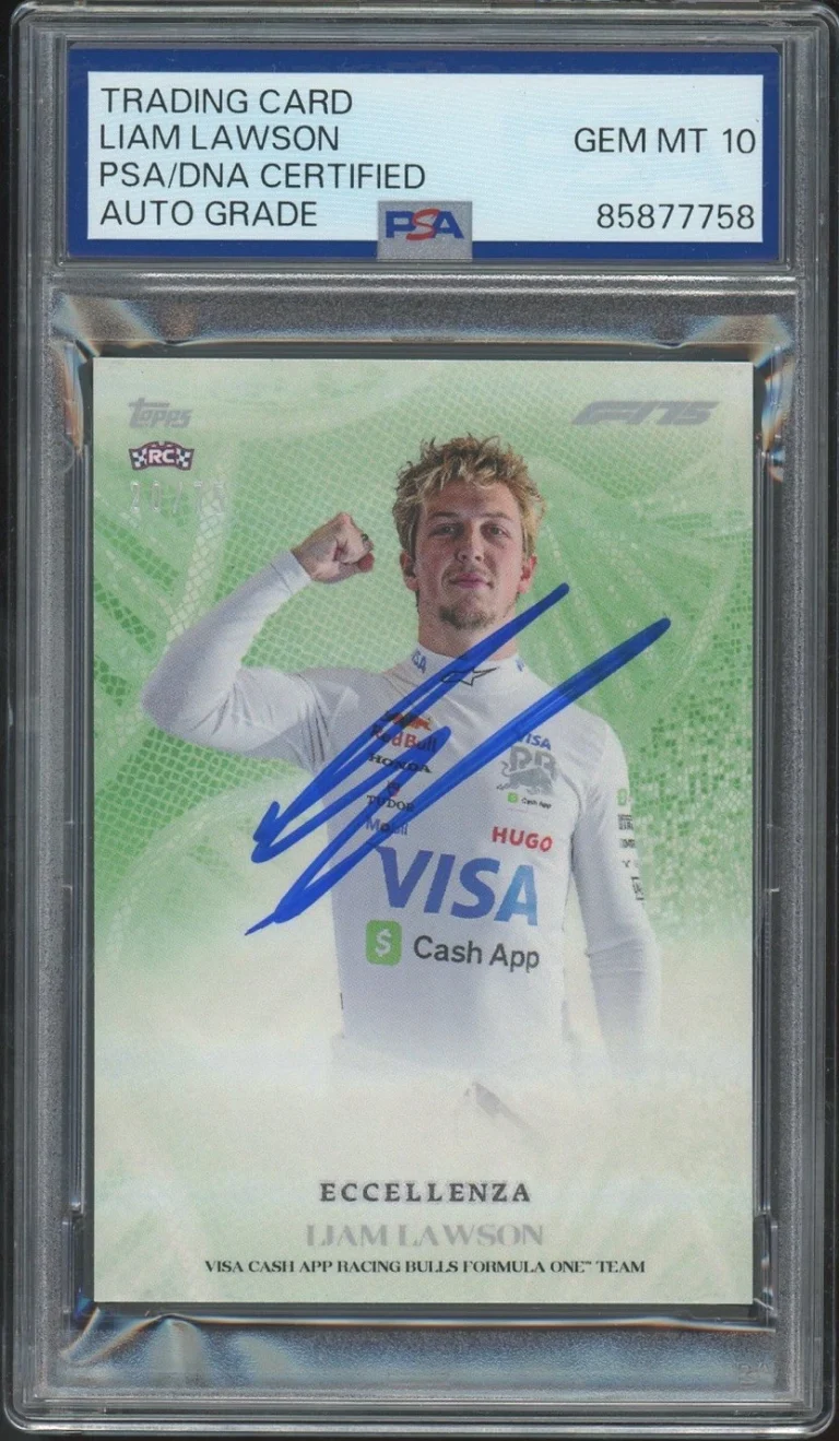 2025 Topps Eccellenza F1 Liam Lawson Signed Green Essenza Rookie /75 PSA AUTO 10
