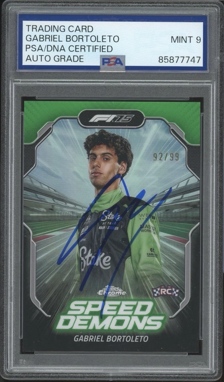 2025 Topps Chrome F1 Gabriel Bortoleto Green Speed Demons /99 PSA AUTO 9 RC