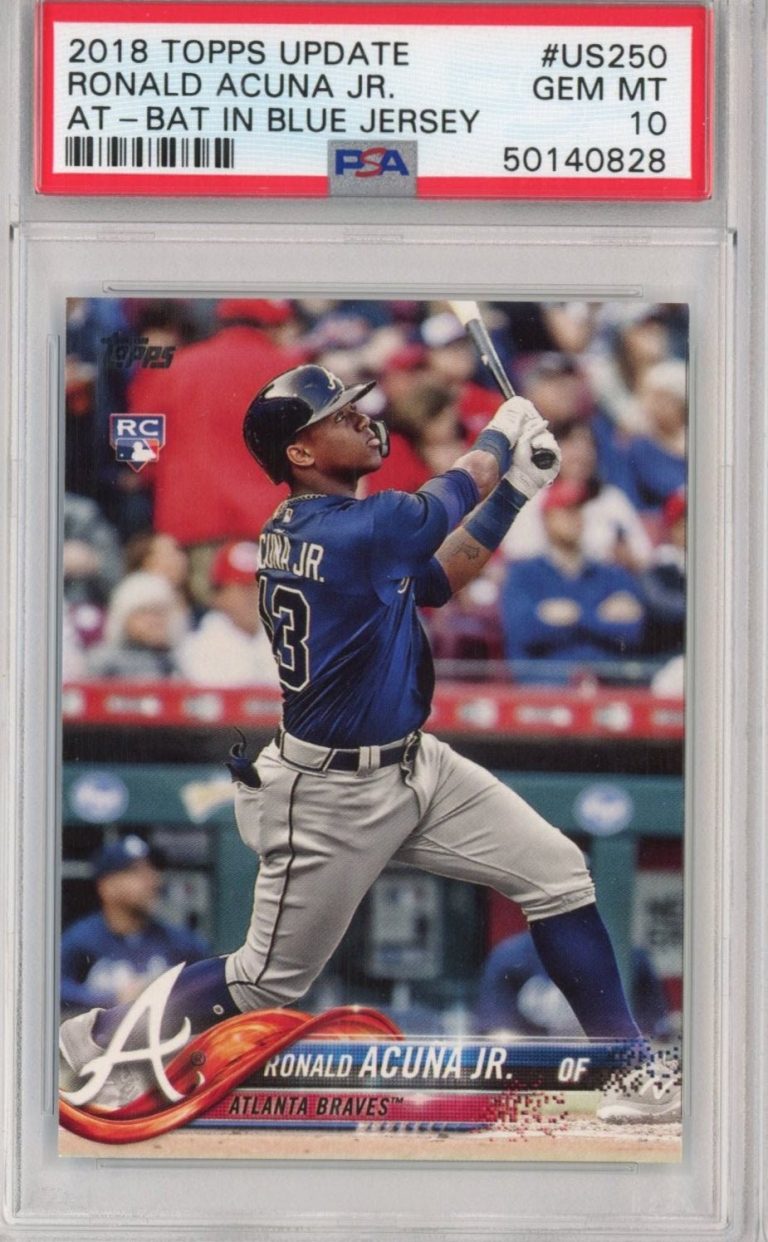 Graded 2018 Topps Update Ronald Acuna Jr. #US250 At-Bat Blue RC Card PSA 10