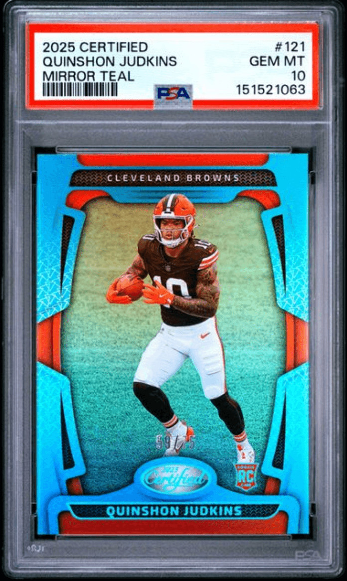 Graded 2025 Certifed Quinshon Judkins #121 Mirror Teal/75 RC Card PSA 10