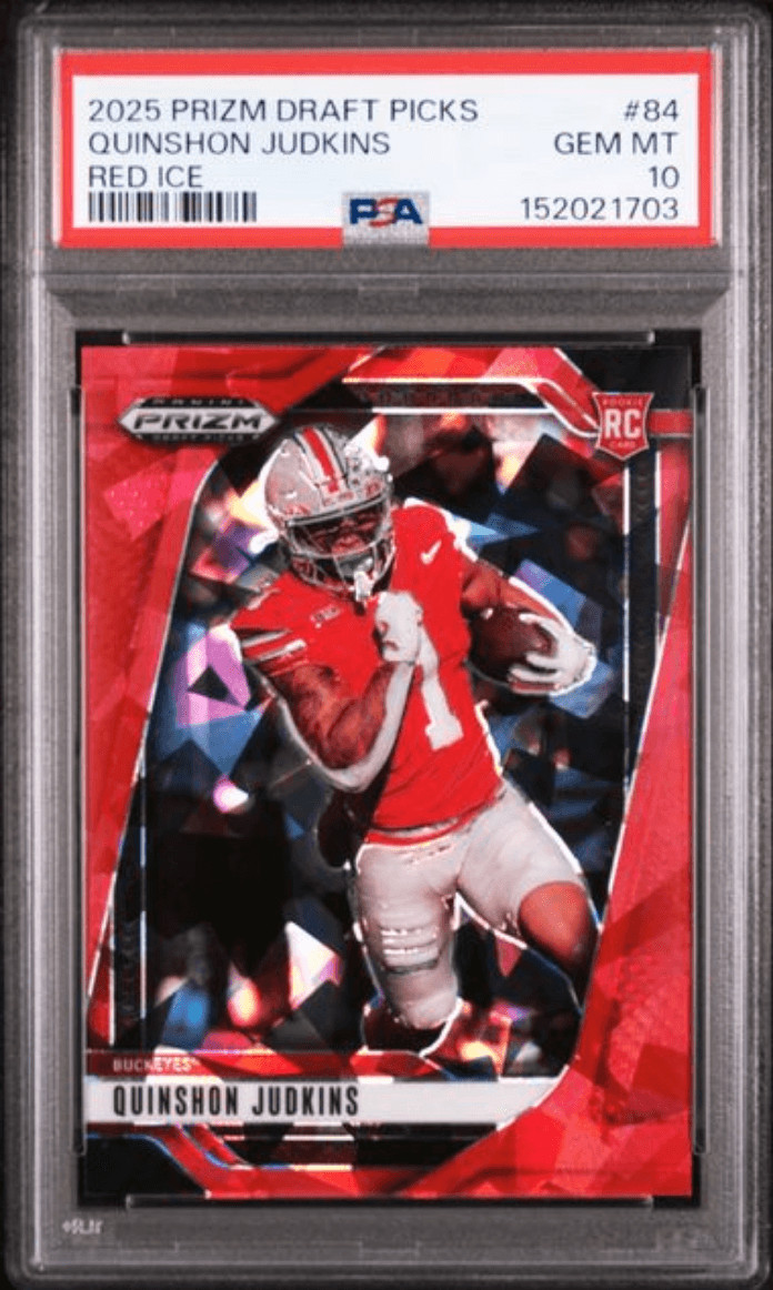 Graded 2025 Prizm DP Quinshon Judkins #84 Red Ice RC Football Card PSA 10