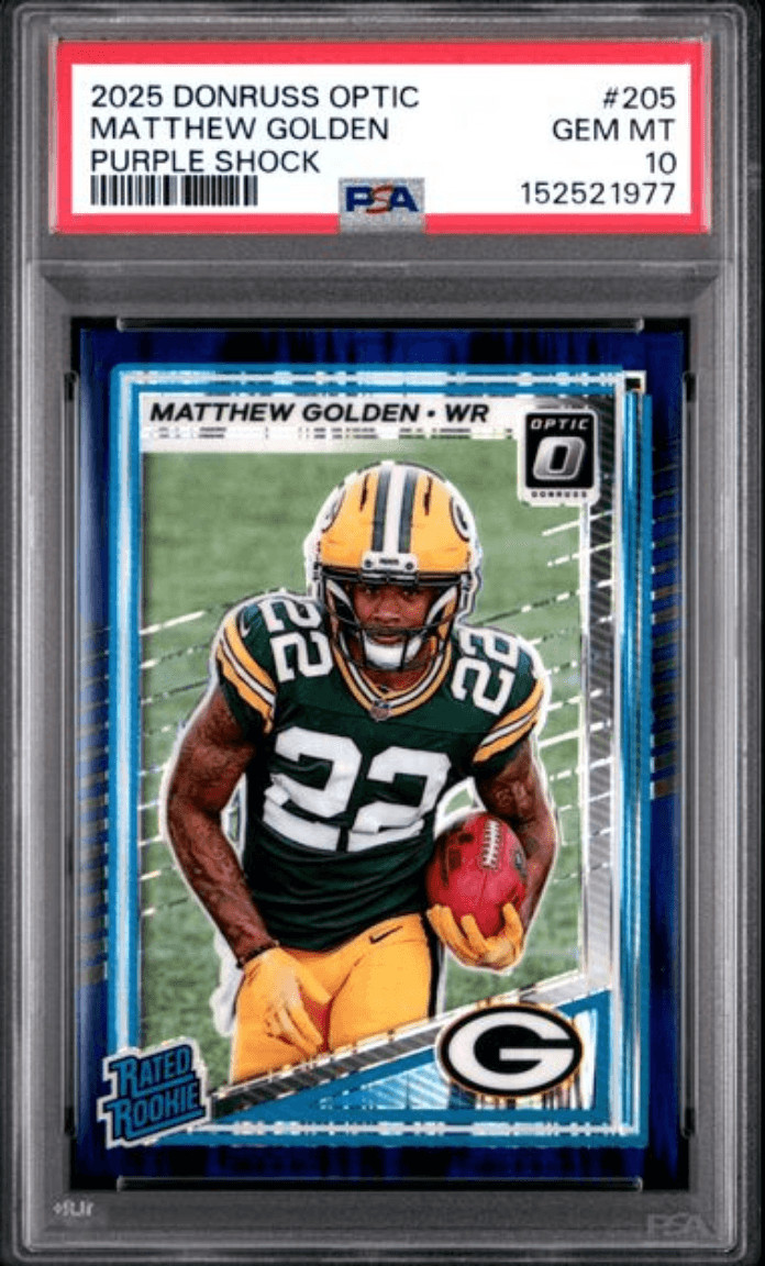 Graded 2025 Donruss Optic Matthew Golden #205 Purple Shock RC Card PSA 10