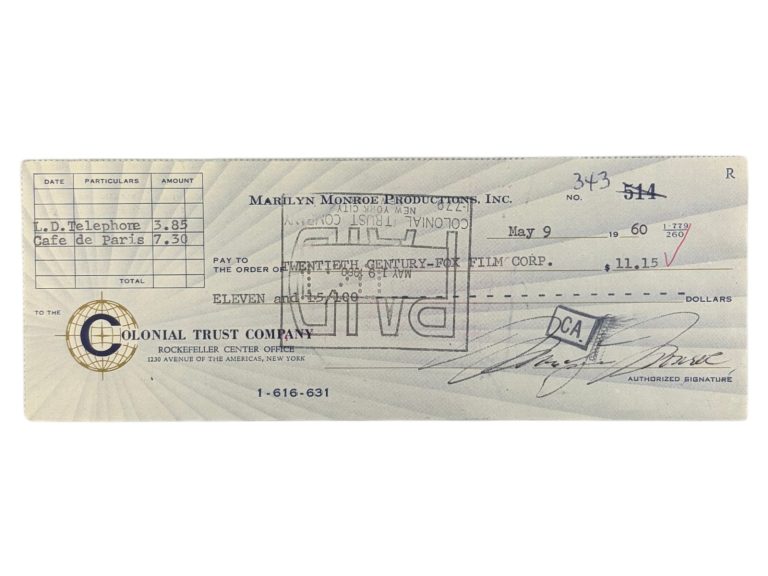 Marilyn Monroe Signed Auto 1960 Bank Check to 20th Century Fox Grad LOA