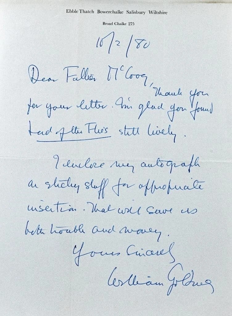 William Golding Signed Auto Handwritten 1980 Letter Lord of the Flies Grad LOA