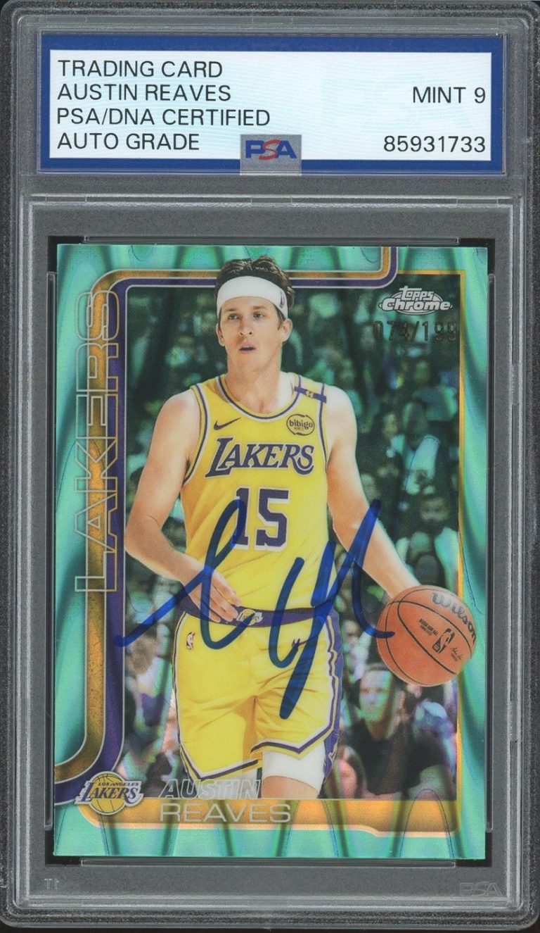 2025-26 Topps Chrome #126 Austin Reaves Aqua RayWave /199 PSA AUTO 9 LA LAKERS