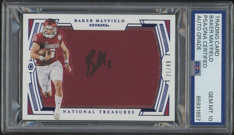 2020 National Treasures Baker Mayfield Jumbo Patch /49 PSA AUTO 10 OU SOONERS