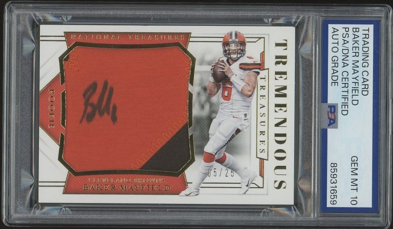 2018 National Treasures Baker Mayfield Tremendous Patch Prime /25 PSA AUTO 10 RC
