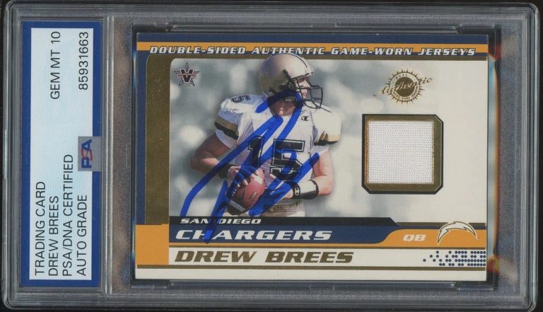 2001 Pacific Vanguard #48 Drew Brees Game-Worn Rookie Jersey Relic PSA AUTO 10