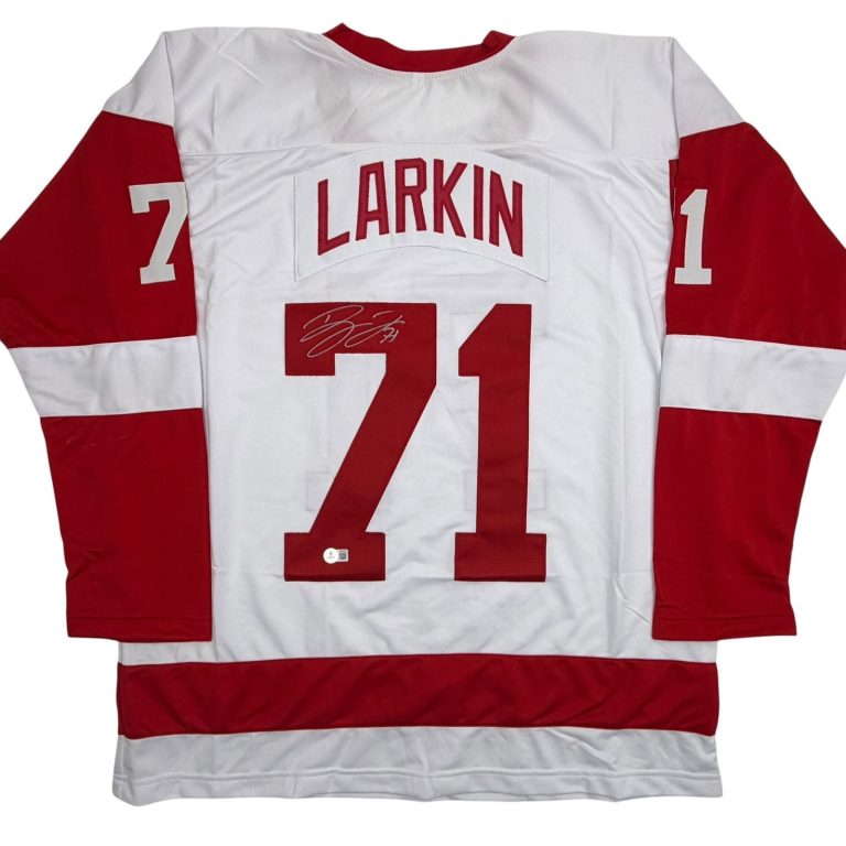 Autographed/Signed Dylan Larkin Detroit White Hockey Jersey Beckett BAS COA