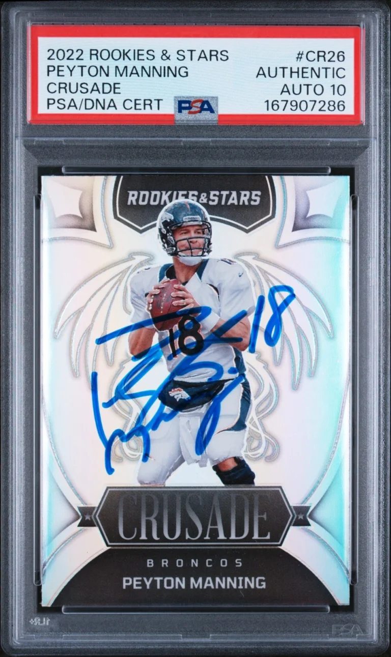 Peyton Manning Signed 2022 Panini Rookies & Stars Prizm Crusade CR26 Auto PSA