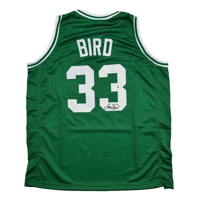 Autographed/Signed Larry Bird Boston Green Jersey Beckett BAS COA
