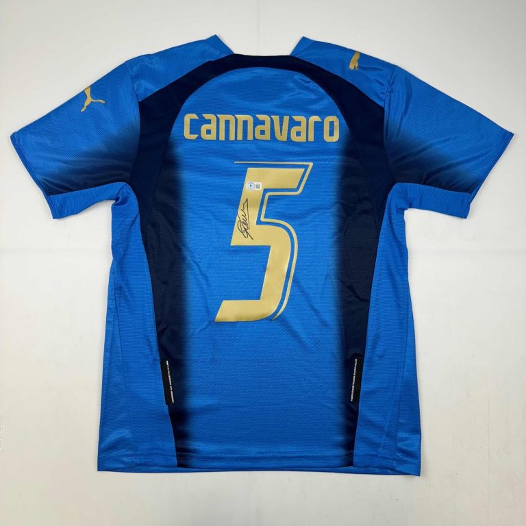 Autographed/Signed Fabio Cannavaro Italy Blue Futbol Jersey Beckett BAS COA