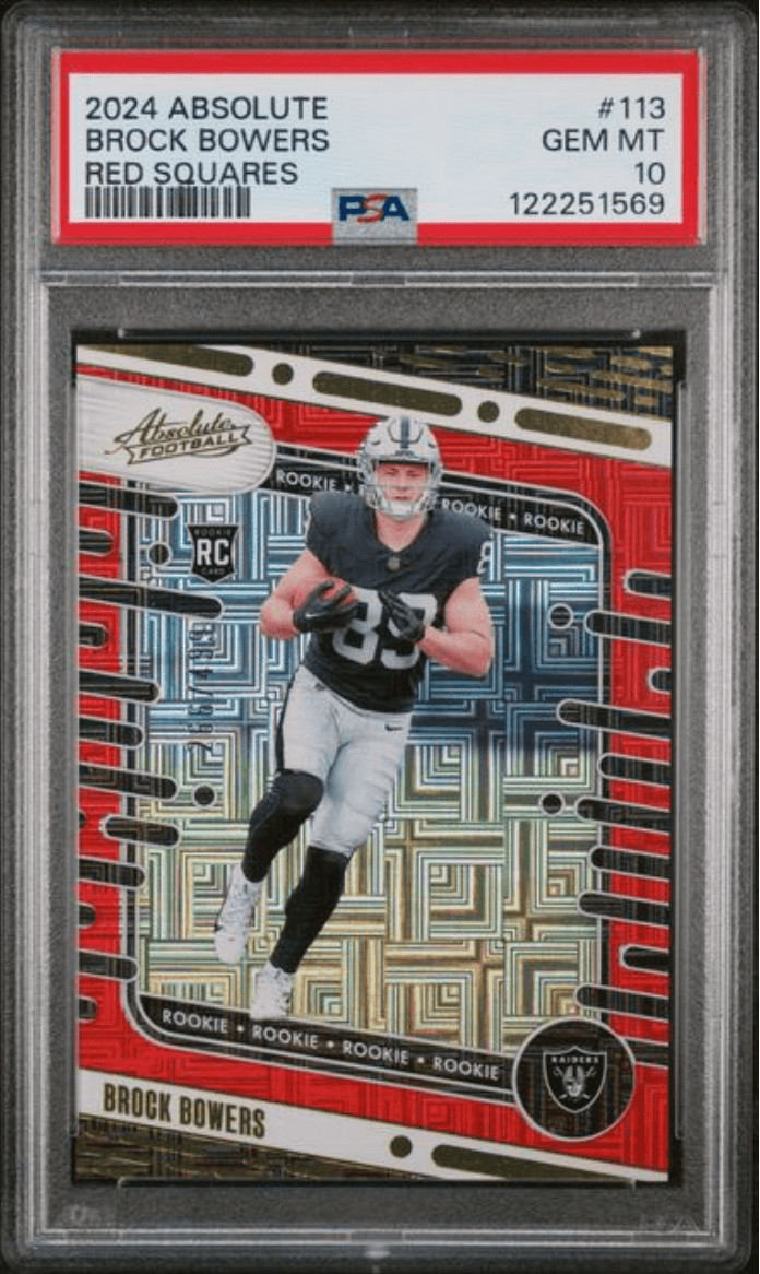 Graded 2024 Absolute Brock Bowers #113 Red Squares RC Football Card PSA 10