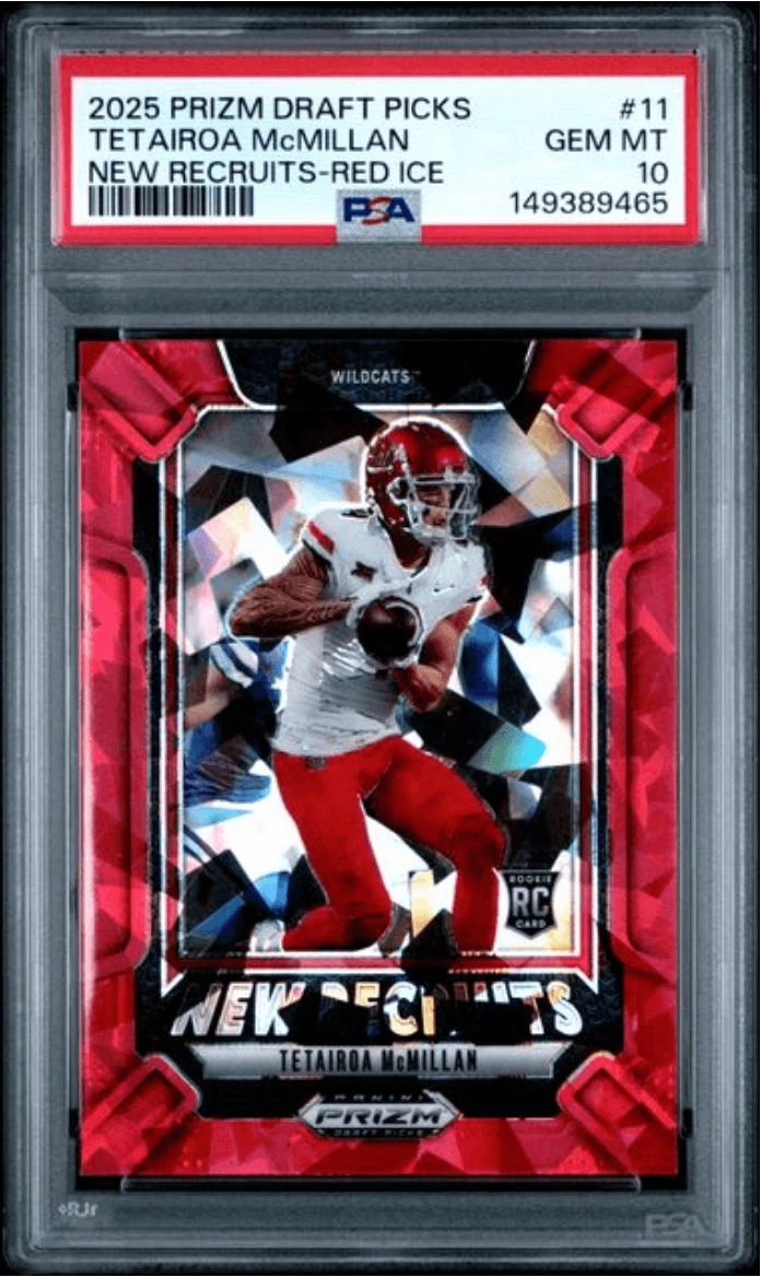 Graded 2025 Prizm DP Tetairoa McMillan #11 Red Ice RC Football Card PSA 10