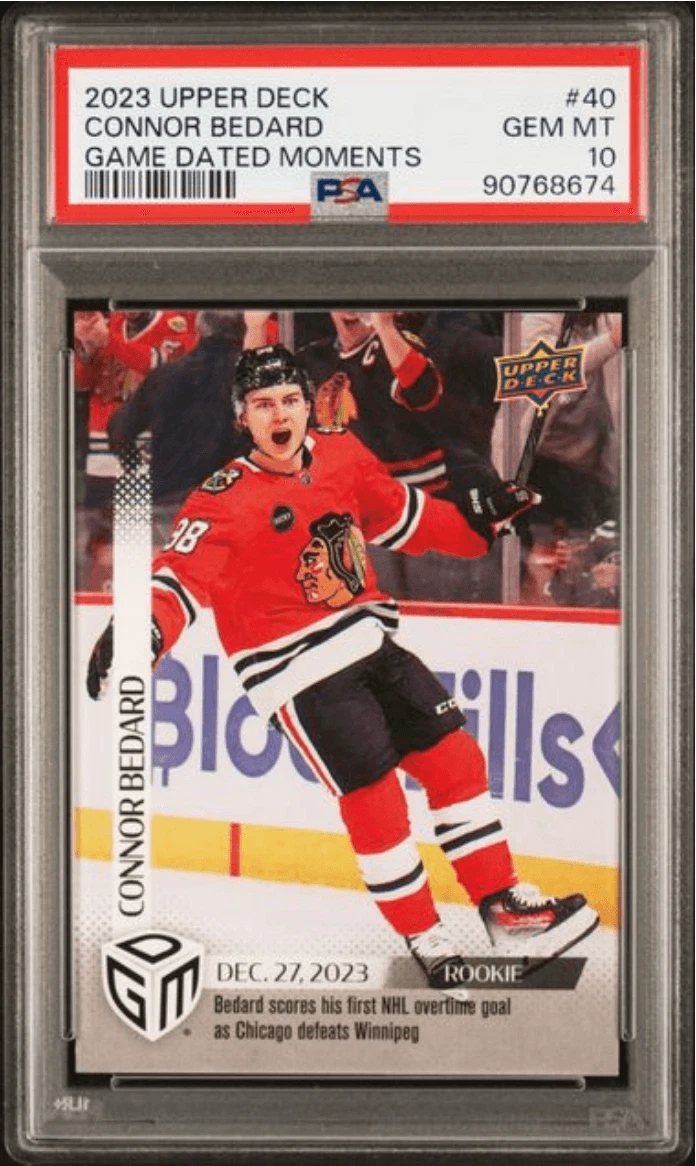 Graded 2023 UD Connor Bedard #40 Game Dated Moments Rookie Card PSA 10